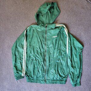Vintage Adidas Green Windbreaker Jacket with Hood 3-Stripe Made in Malaysia L